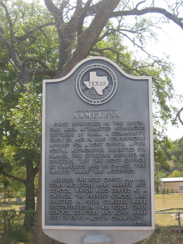 Texas Historical Commission marker for the community of Nameless
